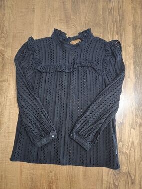 Madewell Black Eyelet Ruffle High-Neck Long-Sleeve Top 100% Cotton